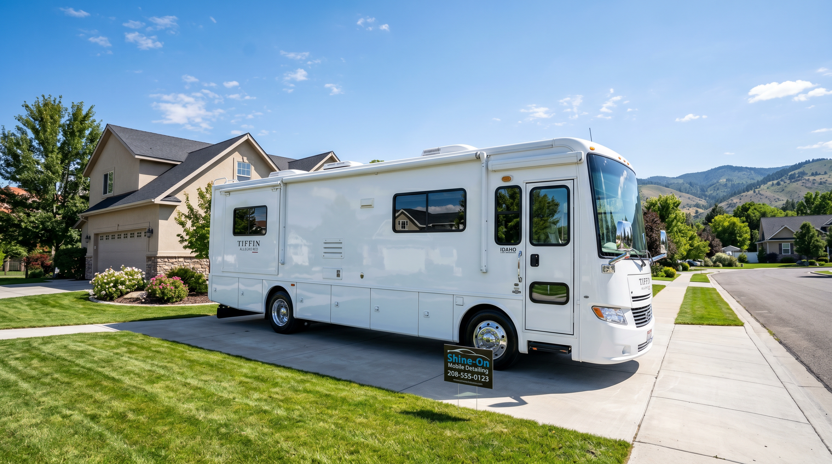 Large white Class A RV, fully washed and gleaming after professional mobile washing service in the Treasure Valley