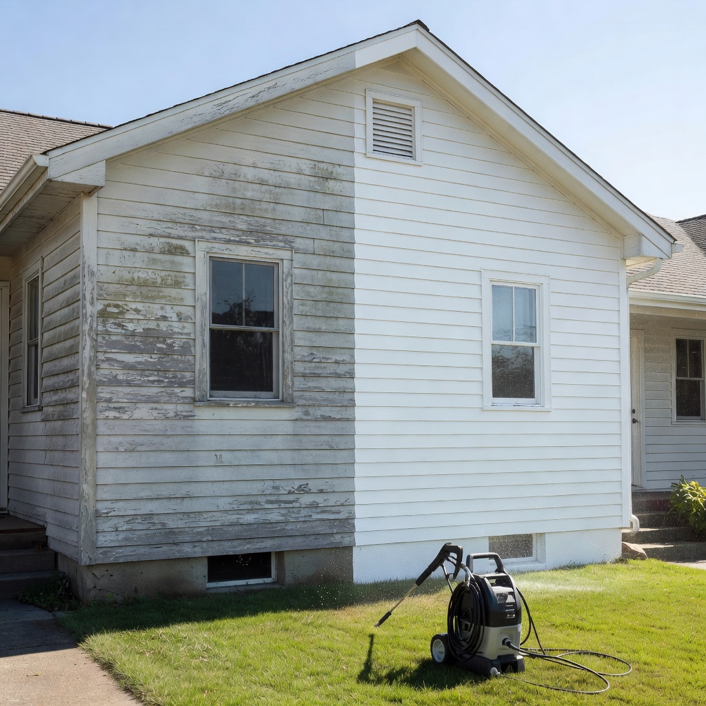 House exterior siding pressure washed clean, bright white result after professional cleaning