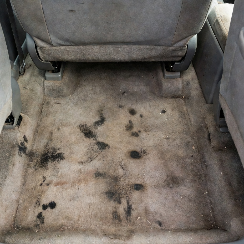 Dirty stained carpet on the floor of a car interior, seat cushion visible above showing the vehicle context, before deep cleaning