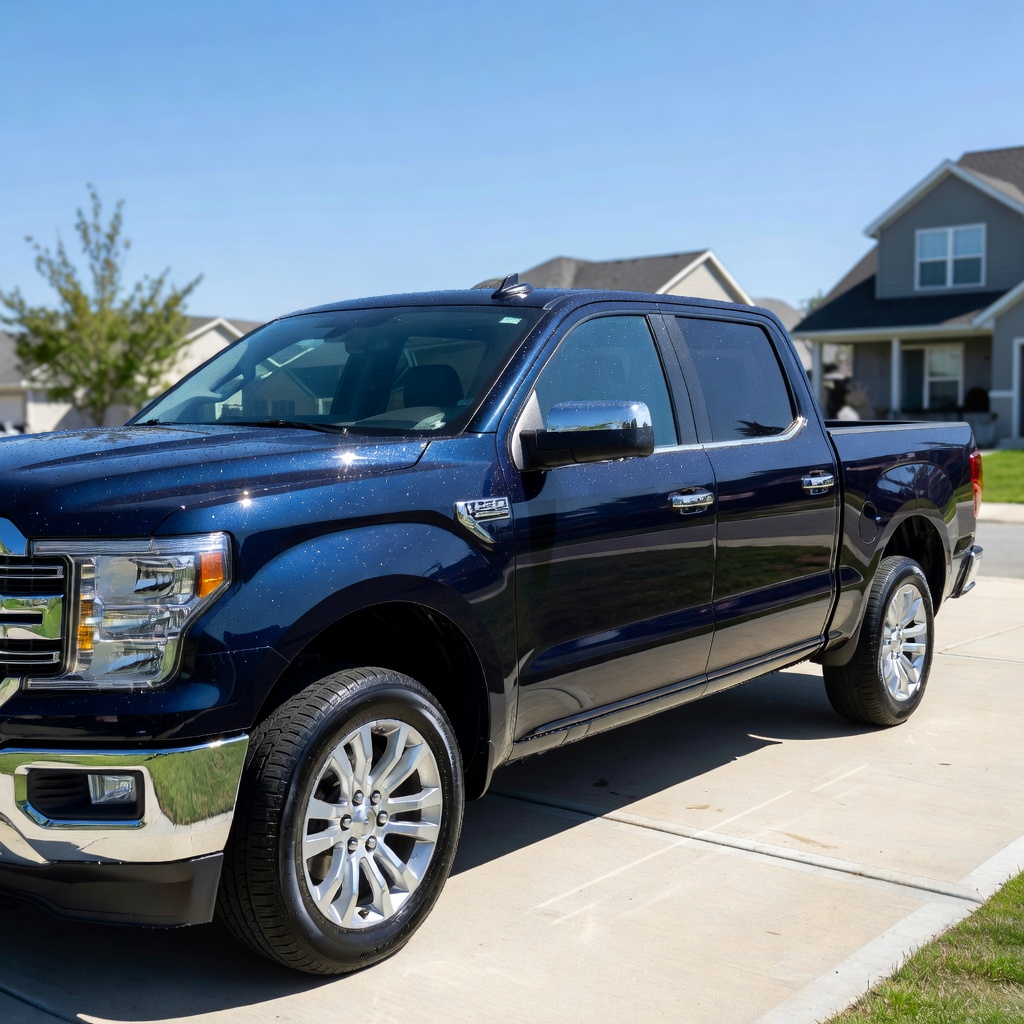 Dark navy pickup truck with freshly detailed gleaming exterior, water beads on clean paint after mobile detailing