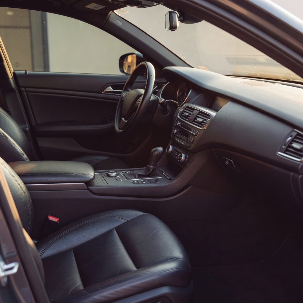 Clean car interior with leather seats, spotless dashboard after professional interior detailing service