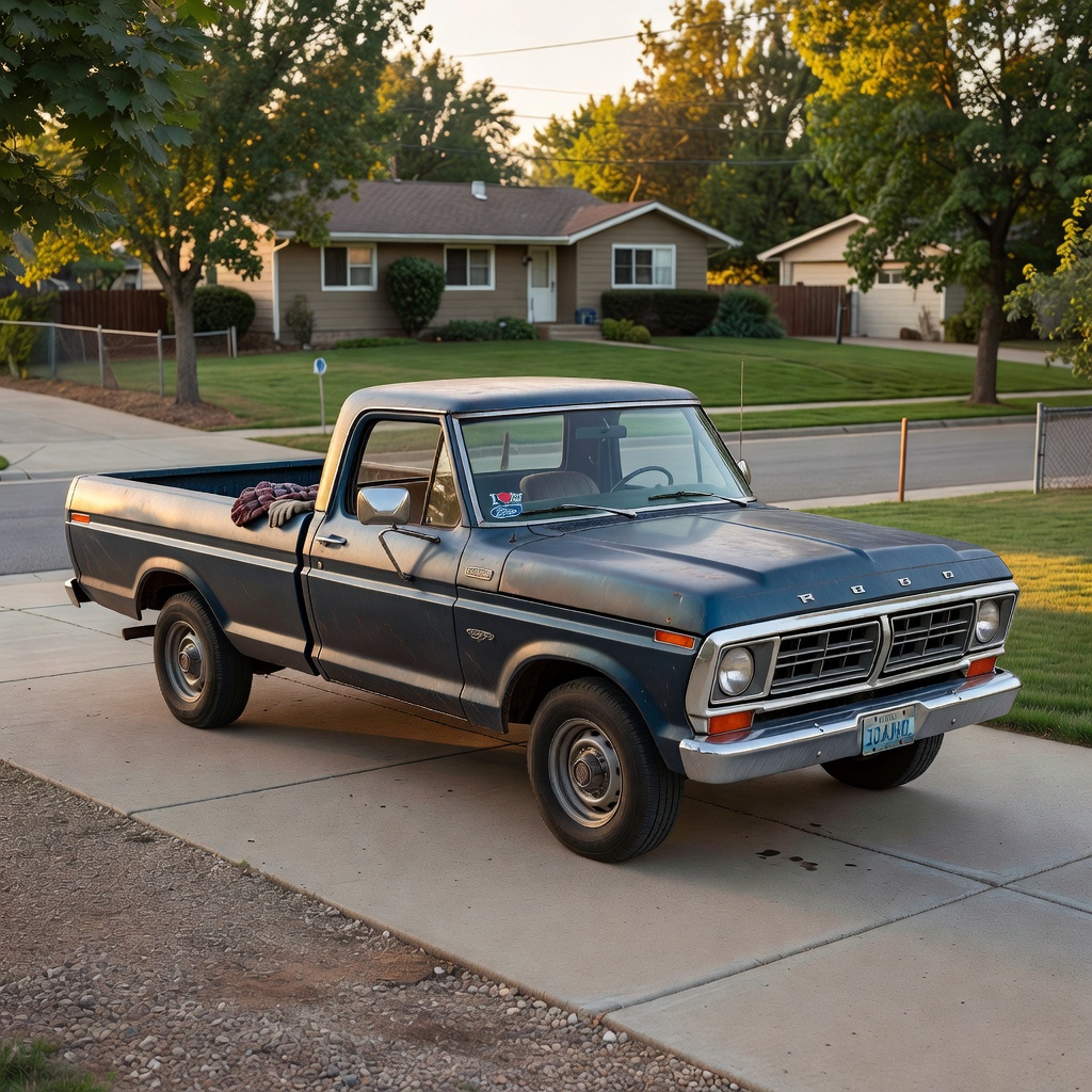 Well-preserved 1970s classic American pickup truck, clean and cared for, parked on a residential driveway in Idaho