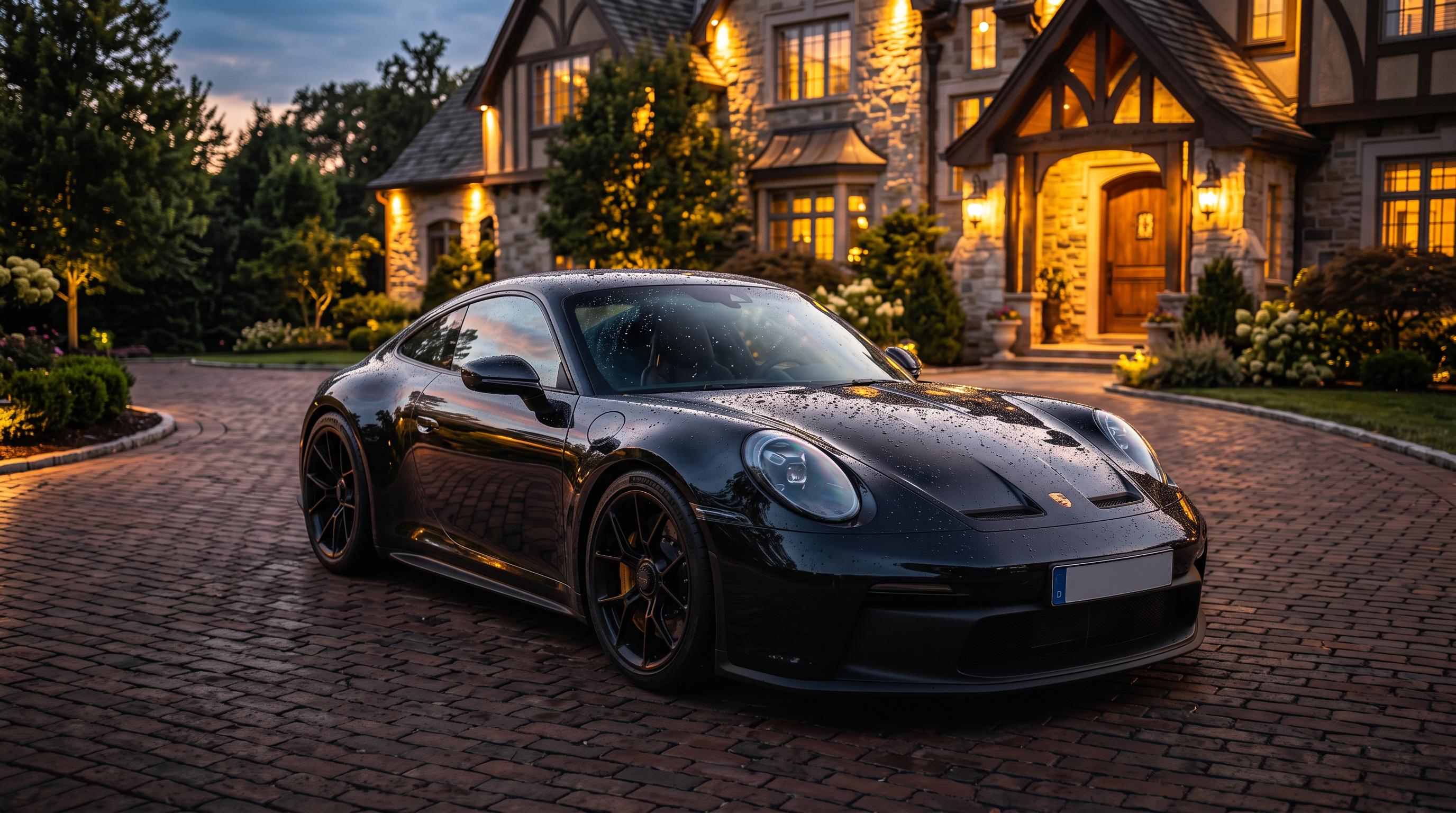 Black Porsche 911 on brick driveway at dusk in front of luxury estate - professional mobile detailing by Wheel & Wax