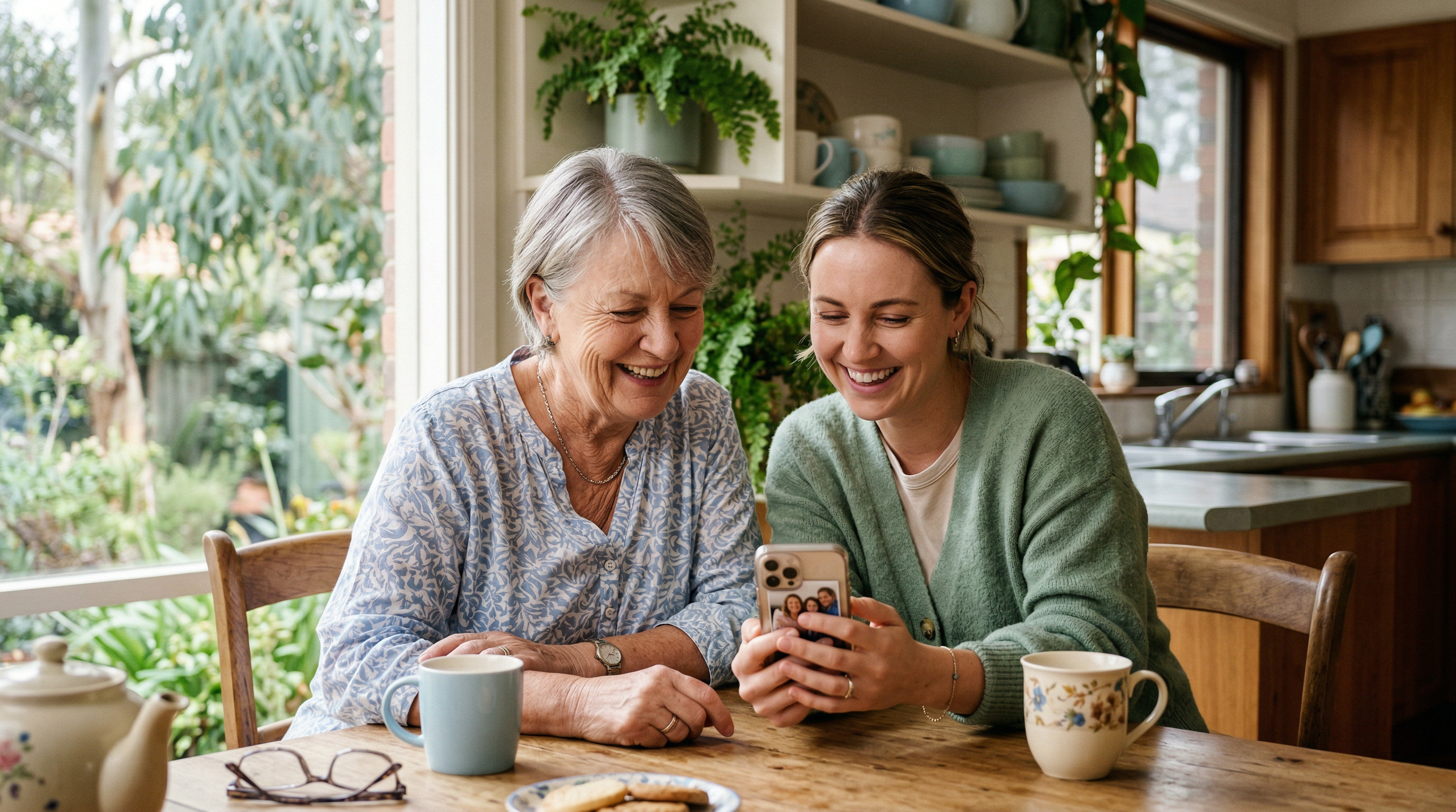 A warm, supportive photo of an Australian older woman and her adult granddaughter sitting together, smiling while looking at a mobile phone together