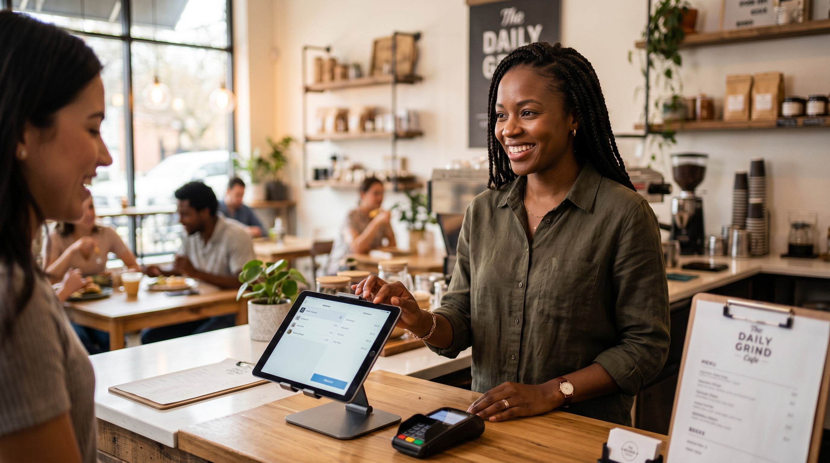 Happy business owner using POS system