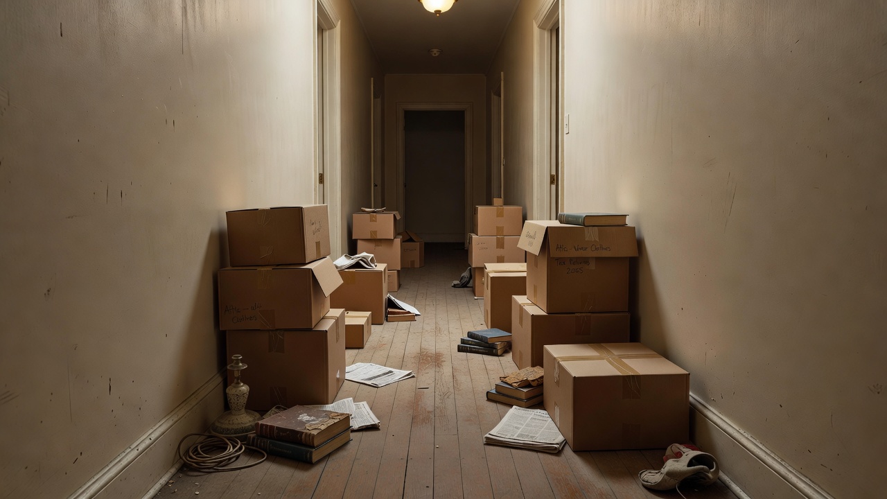 A cluttered hallway in an older home showing how reduced mobility creates fall risks for elderly residents