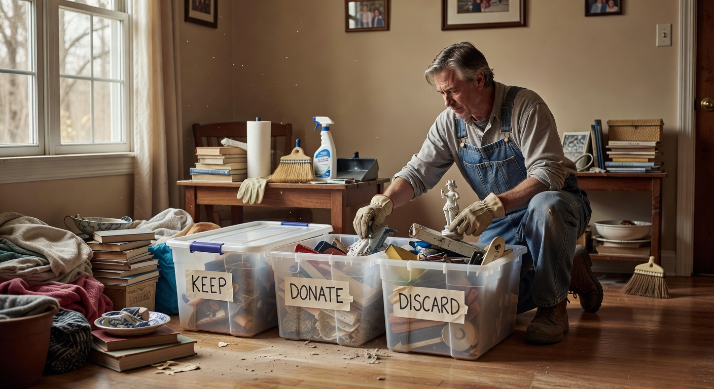 Careful sorting and organizing during a professional hoarding cleanup — keep, donate, and discard bins for thoughtful decluttering.