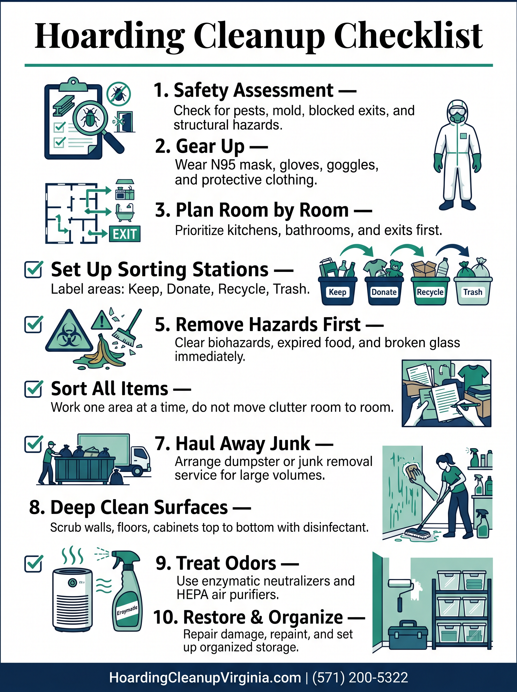 Hoarding Cleanup Checklist Infographic — 10 steps from safety assessment to organizing and restoring the home