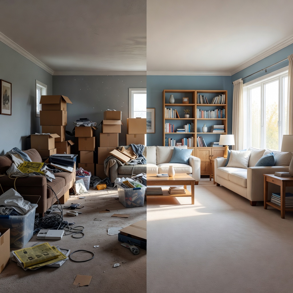 Before and after hoarding cleanup in a Virginia home — clutter removed, room restored