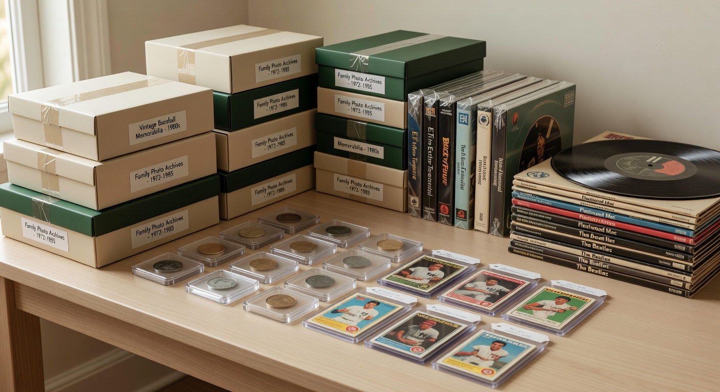 Preserved collectibles including coin holders, baseball cards, VHS tapes, and vinyl records sorted during a hoarding cleanup