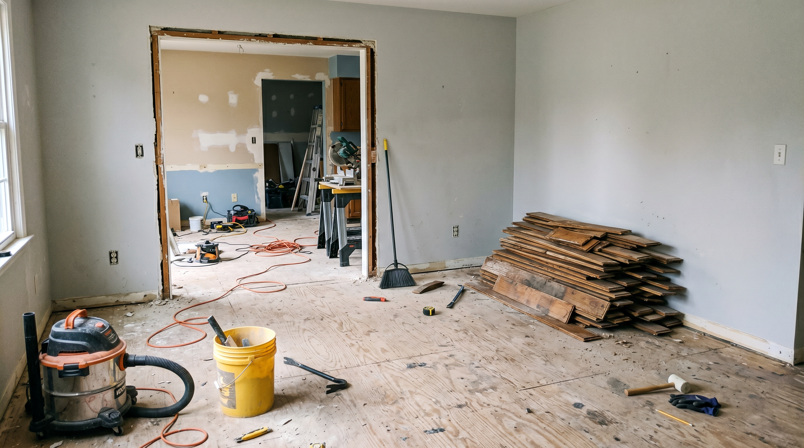 Renovation in progress showing exposed subfloor during demolition