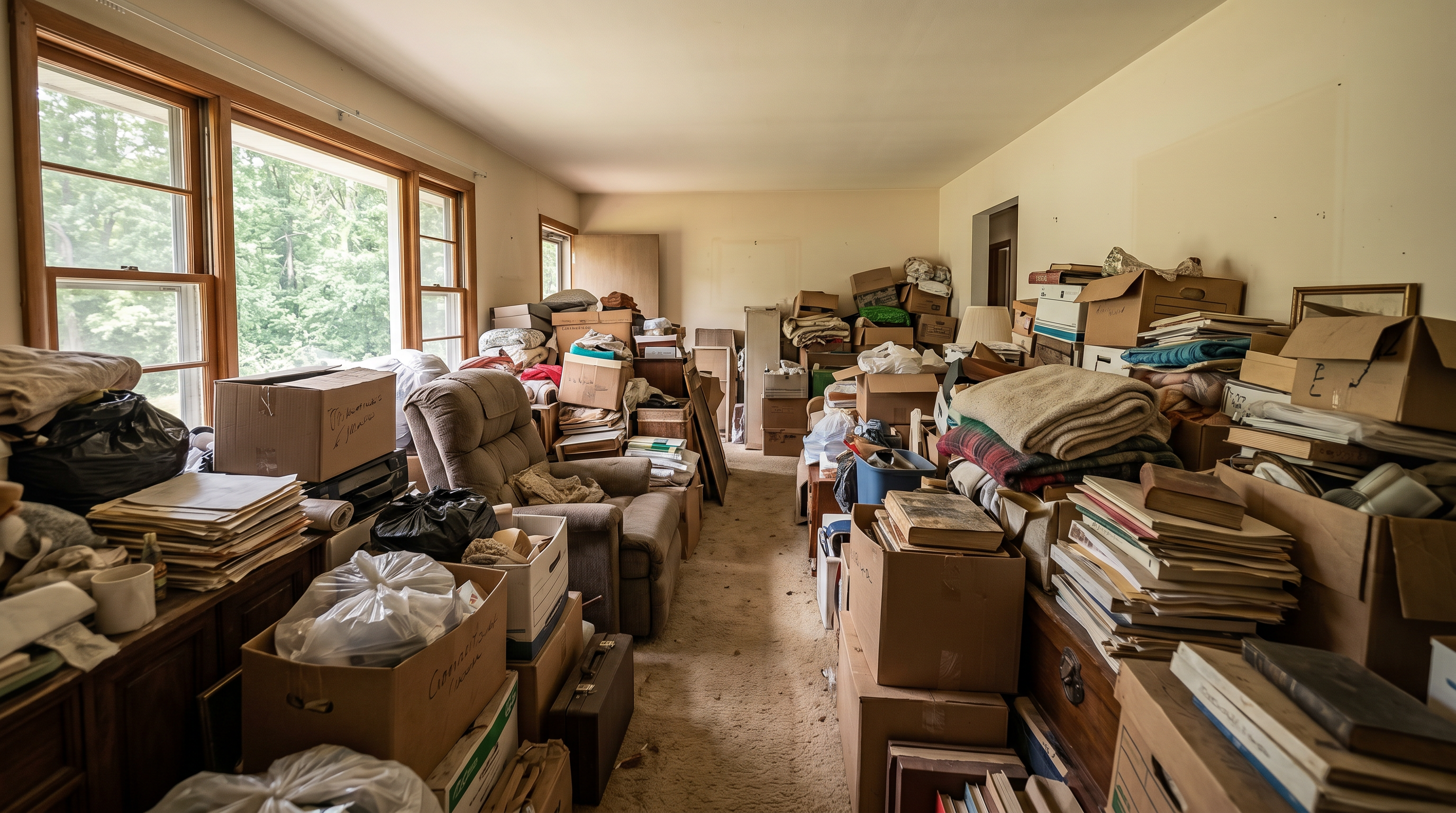 Interior of a cluttered home showing a hoarding cleanup situation