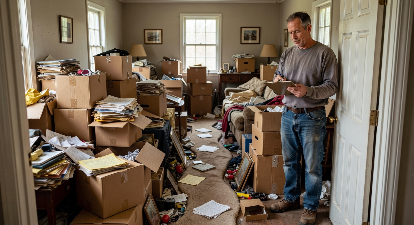 Initial assessment walkthrough of a heavily cluttered living room during a professional hoarding cleanup in Northern Virginia