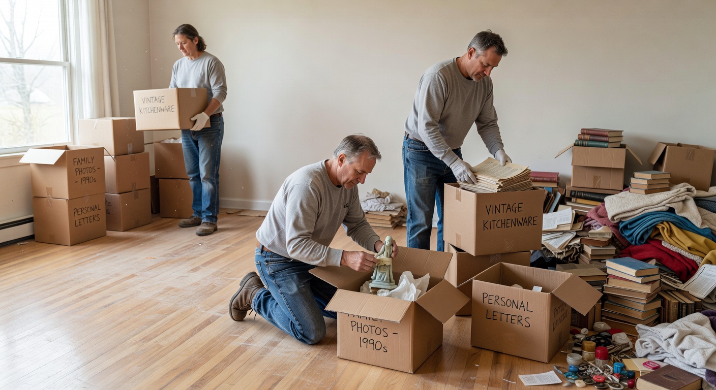 Crew members carefully sorting and packing preserved items into labeled boxes during a professional hoarding cleanup in Northern Virginia