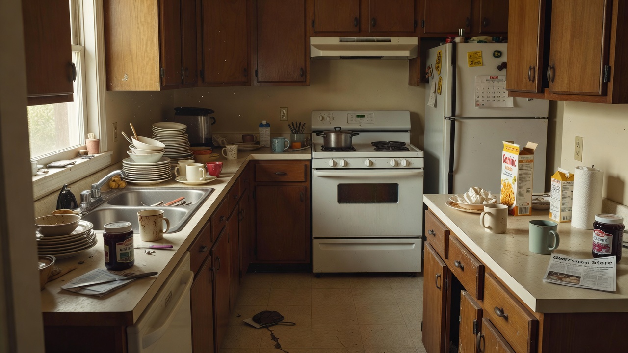 A kitchen in an older home showing signs of deferred maintenance and reduced functionality