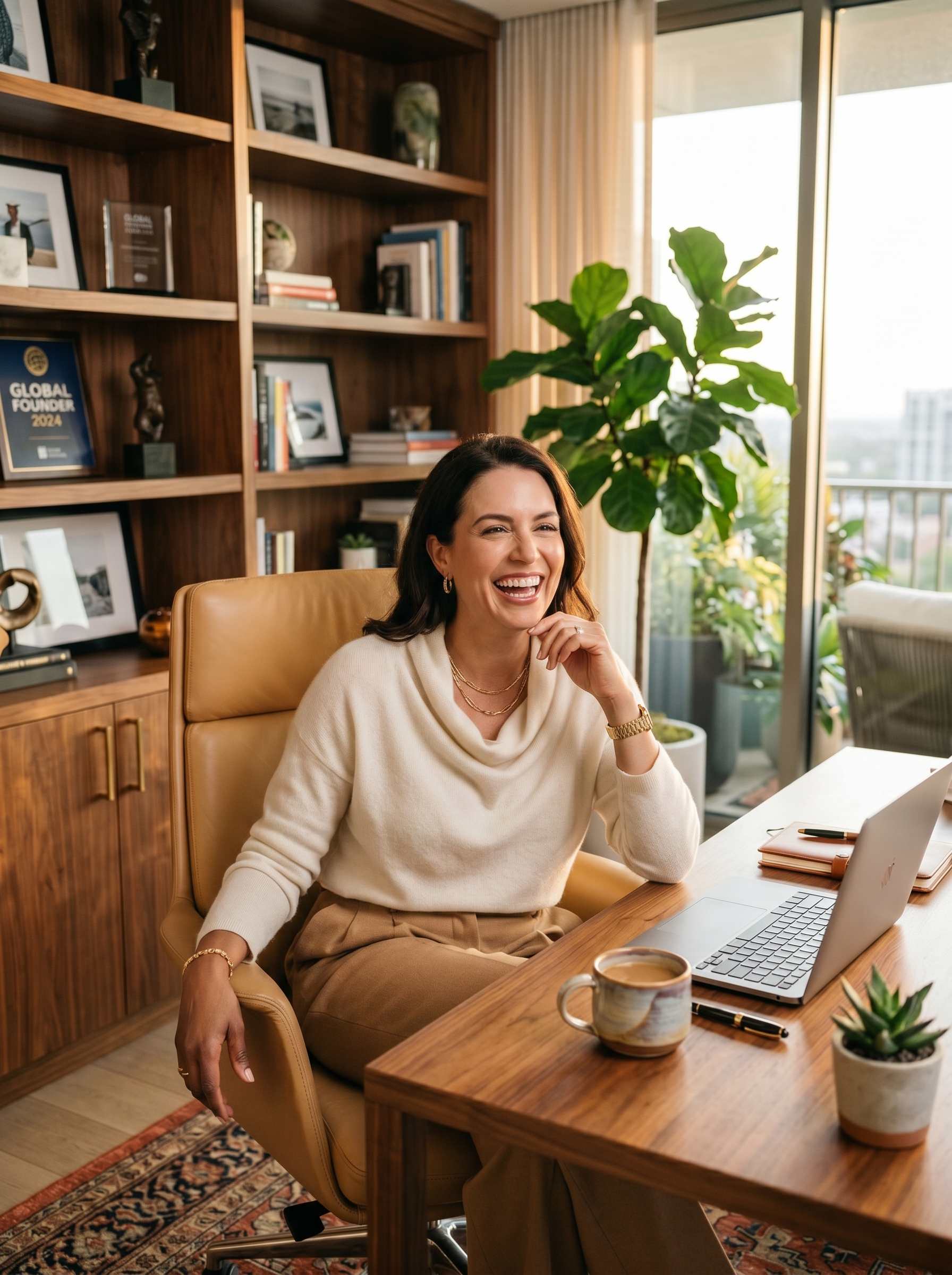 Confident successful woman with dark hair laughing in her stunning sophisticated home office