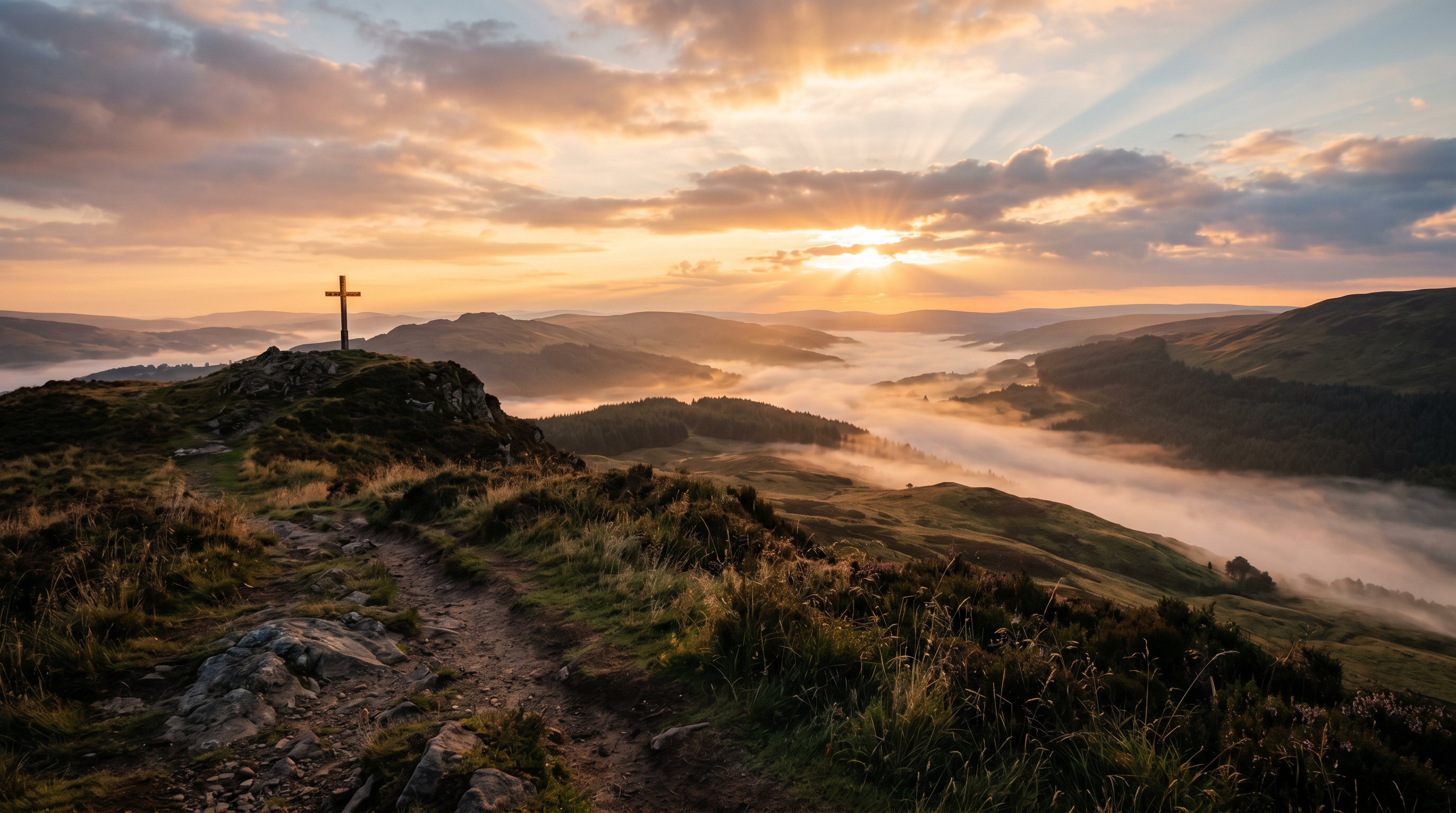 Sunrise over hills with a cross