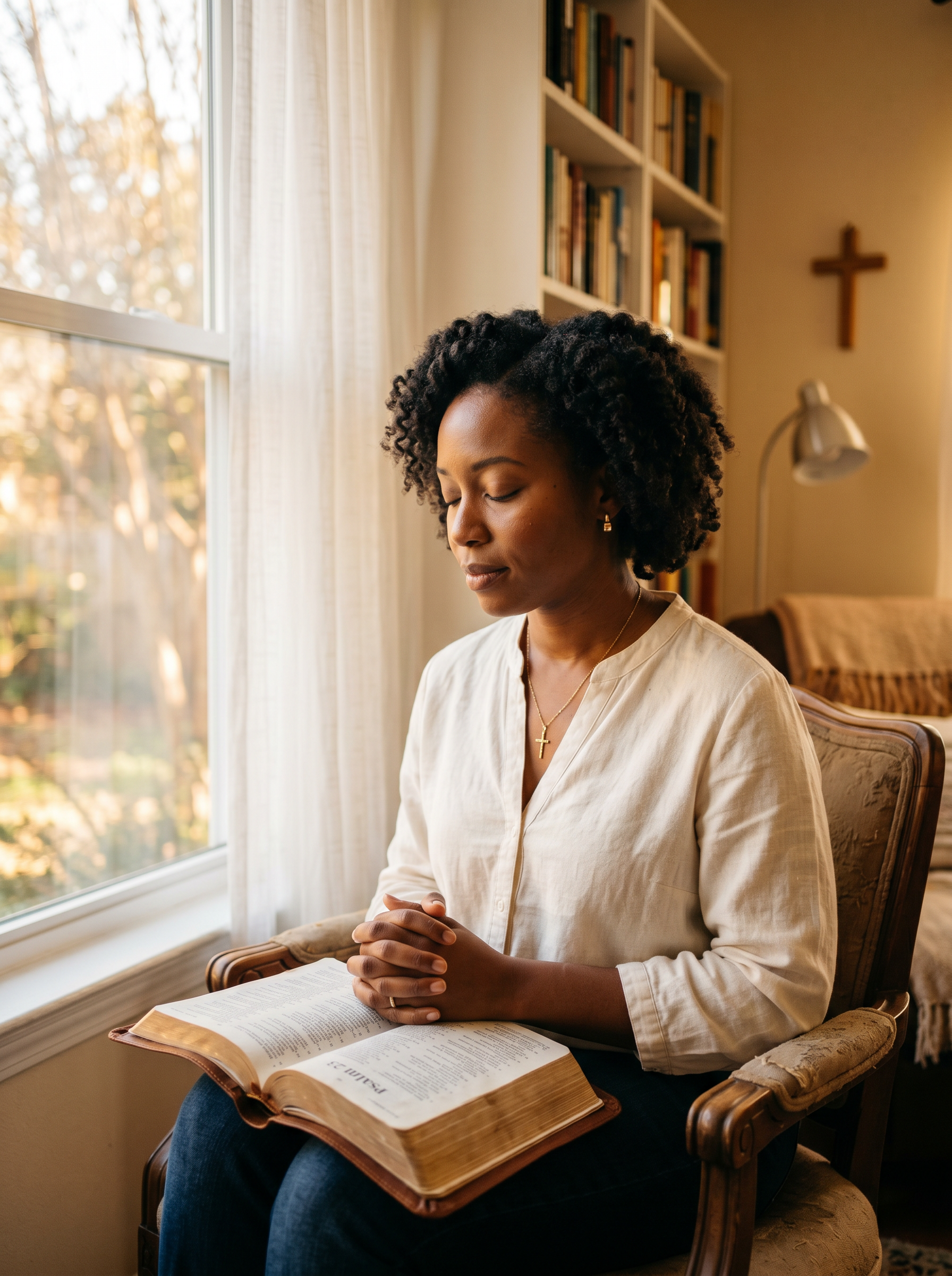 Grace and Wired founder in prayer with an open Bible