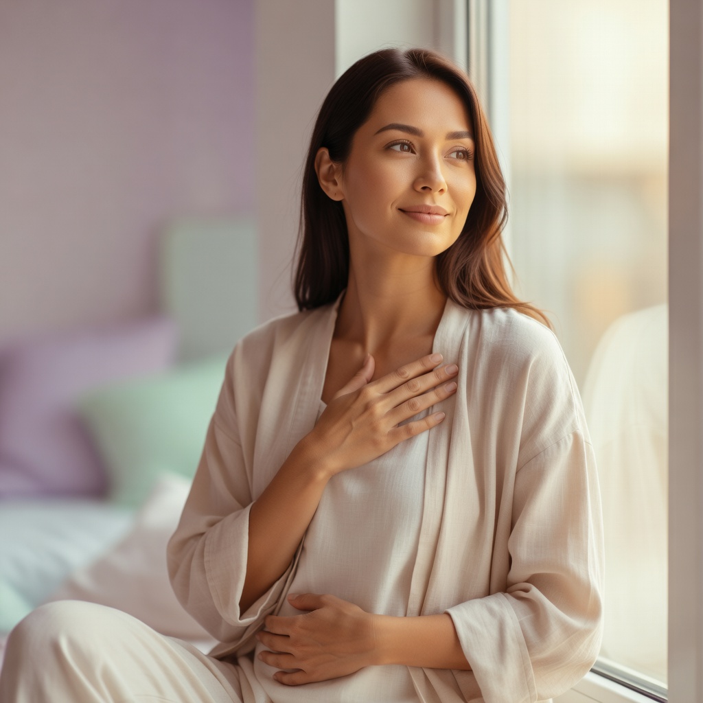 Hopeful woman with hands resting gently, representing emotional healing on the fertility journey