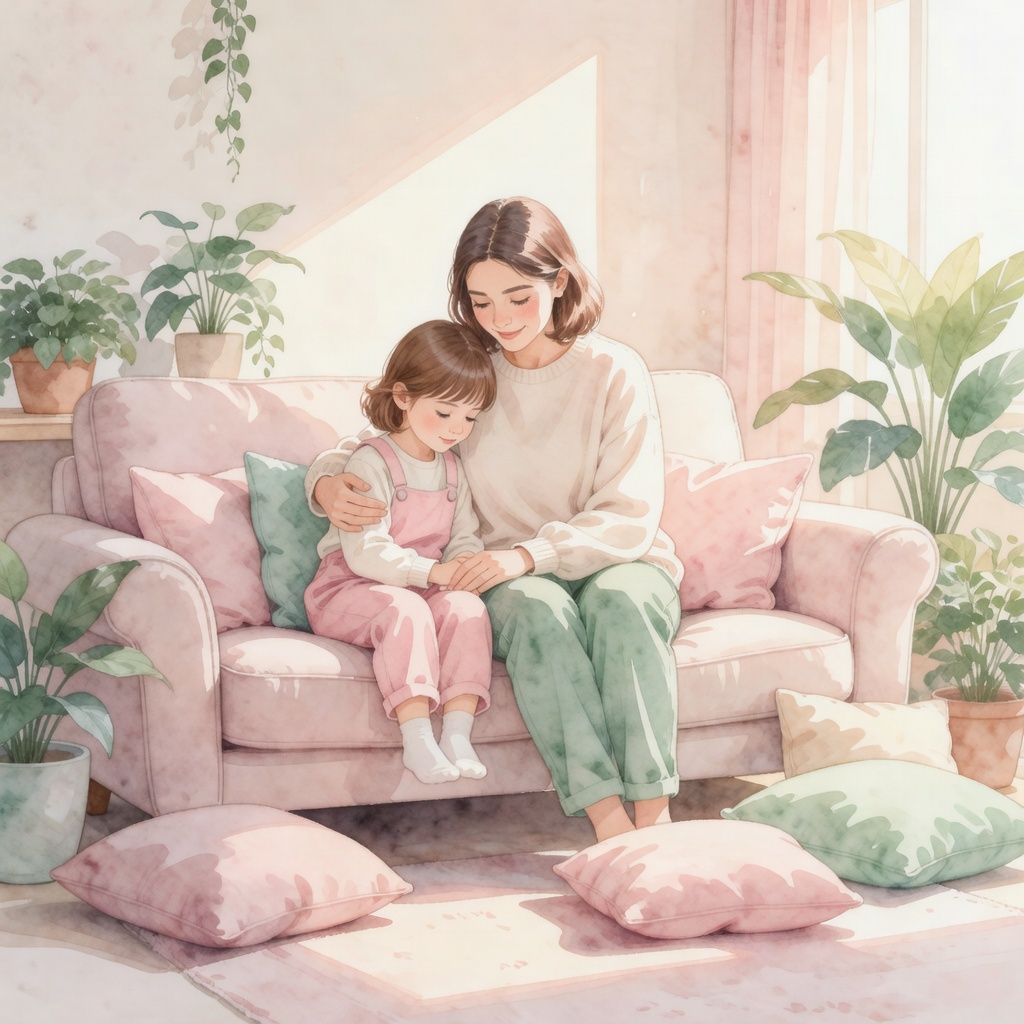 Watercolor illustration of a parent and child in therapy