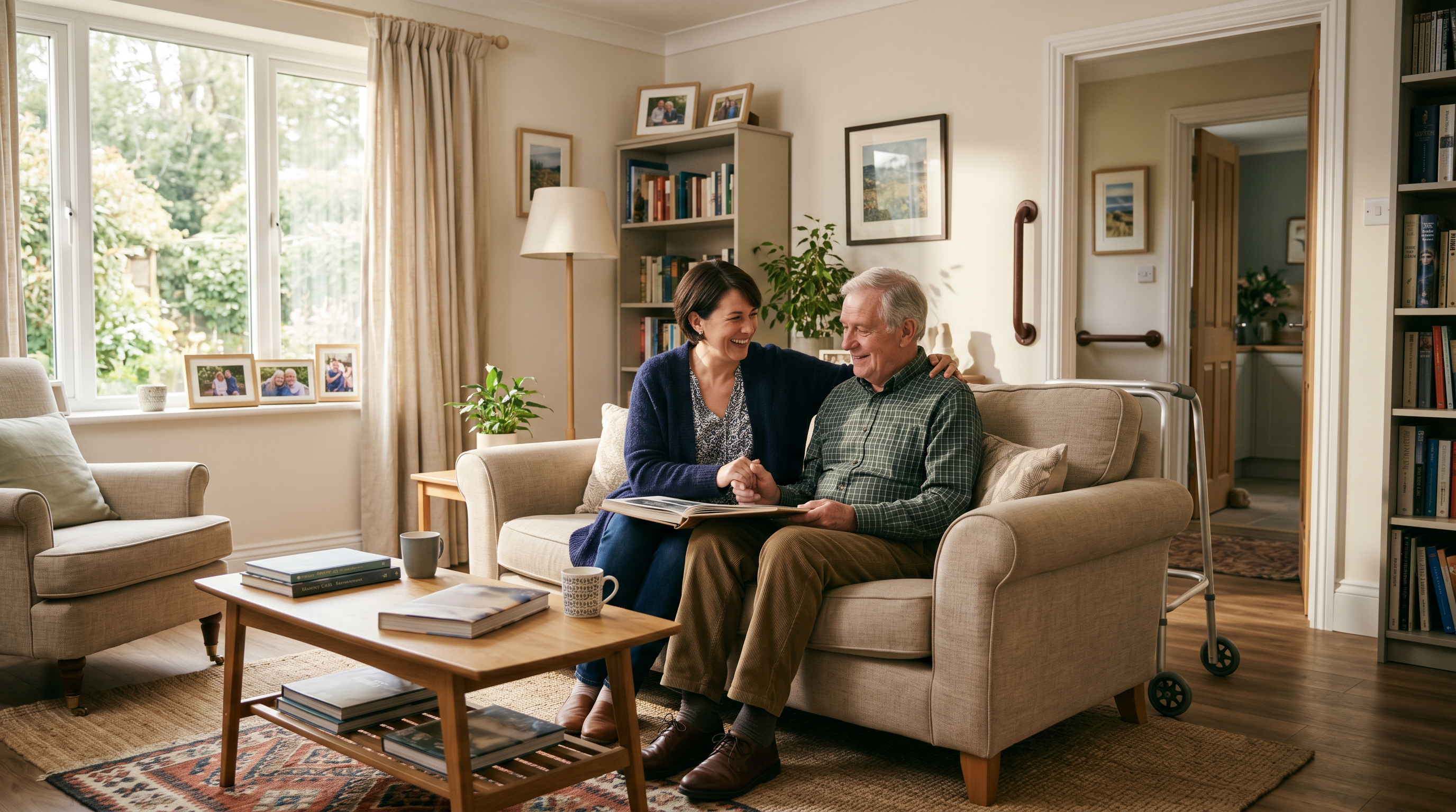 A daughter and her elderly father in a safe, warm home