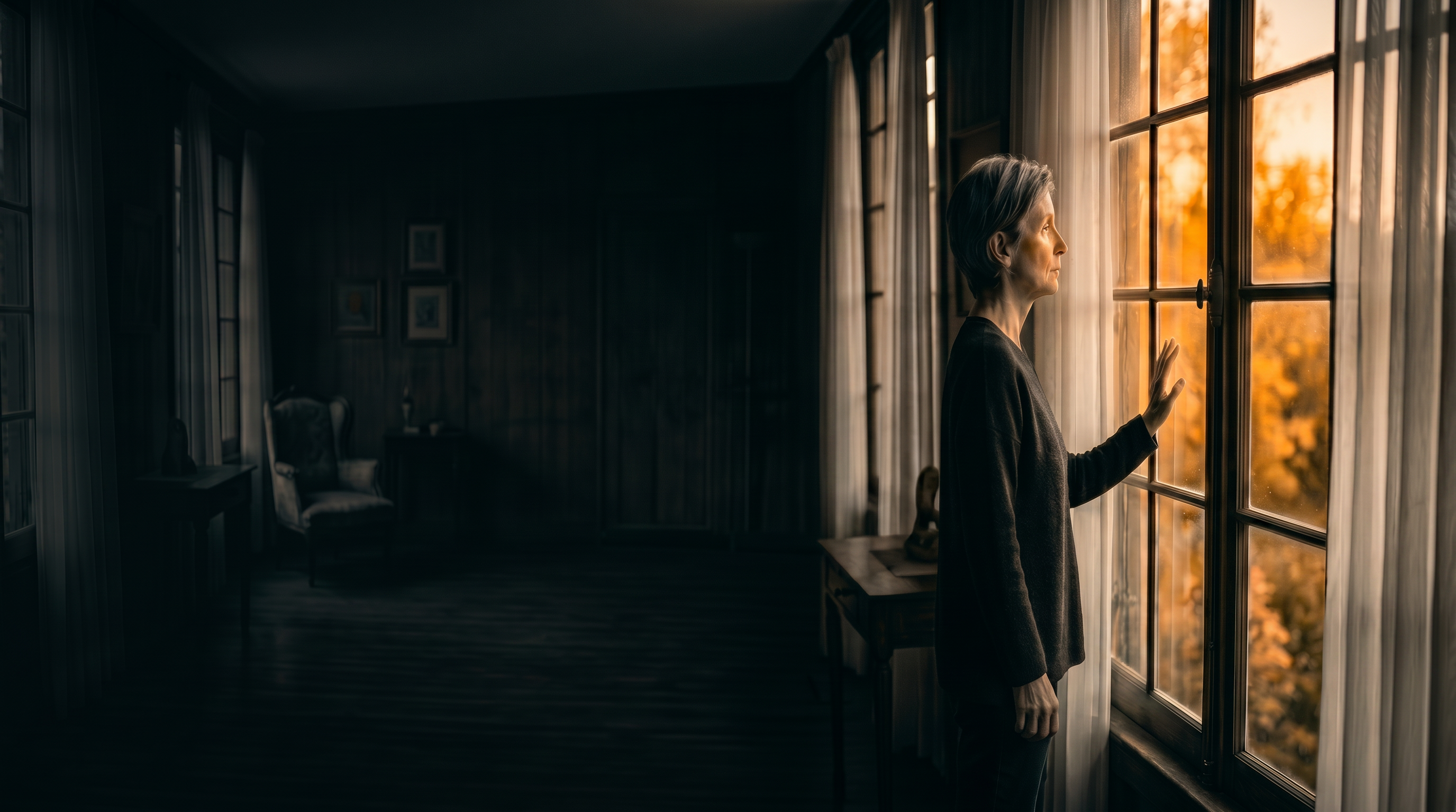 A quiet figure in profile standing by a tall window with warm golden light streaming through, reflecting in a dark, elegant interior