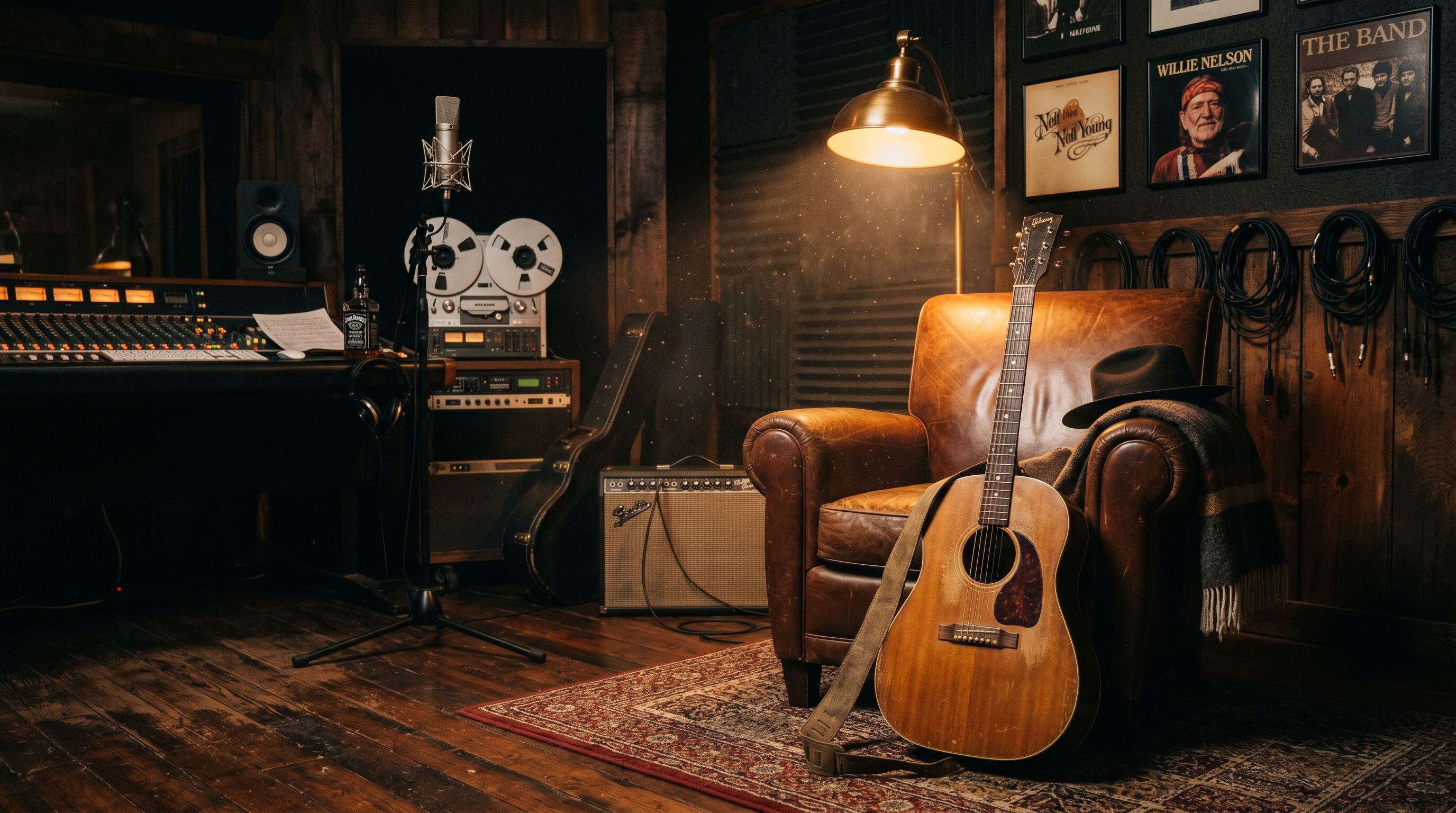 Intimate recording studio with warm amber lighting