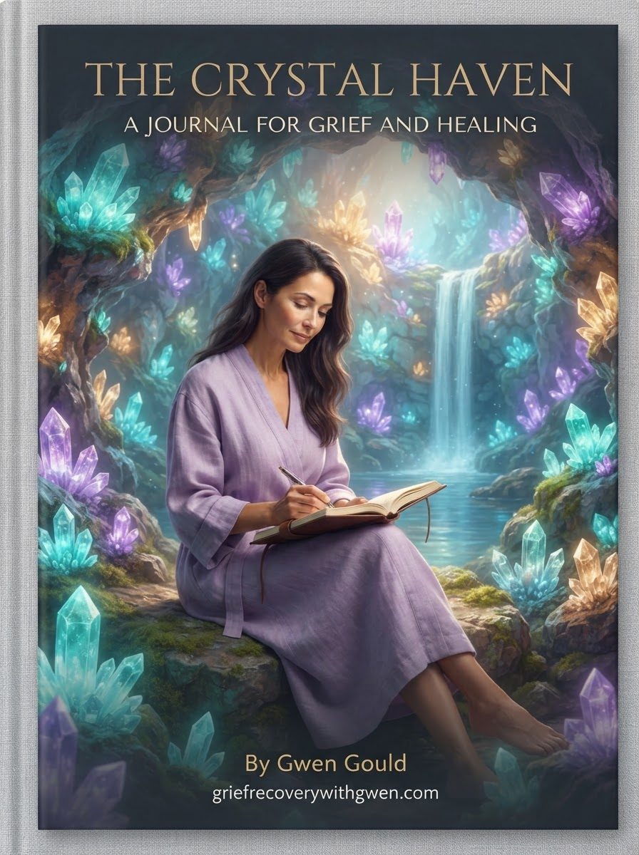 The Crystal Haven grief journal cover, showing a woman writing beside a waterfall in a glowing crystal cave.