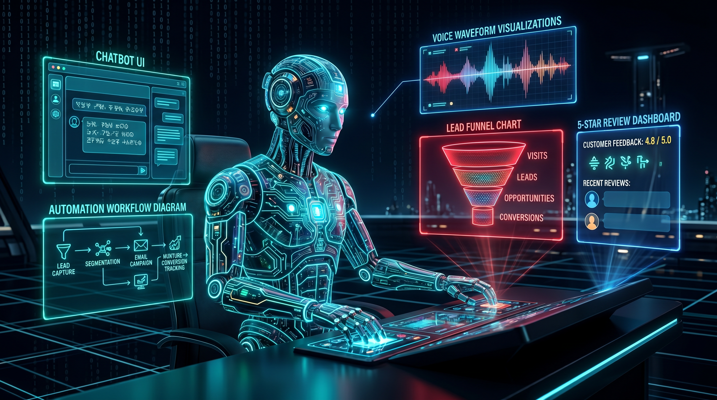 Red Nova AI Agency's futuristic AI marketing agent demonstrating automated customer engagement and local business growth