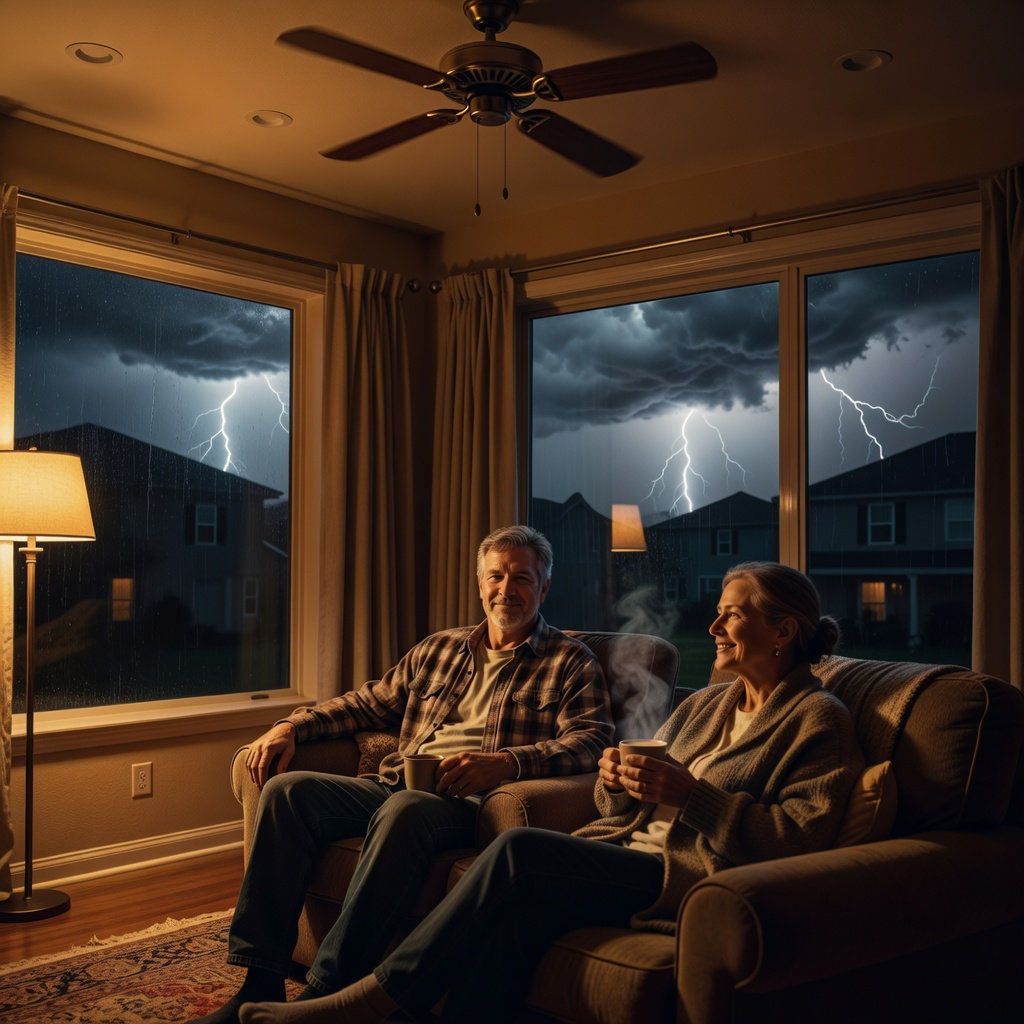 Family safe in lit home during storm