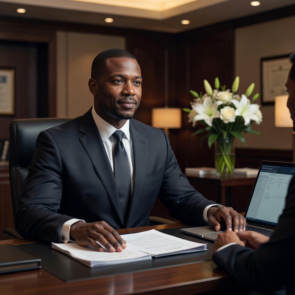 African American funeral director reviewing service documents with a family