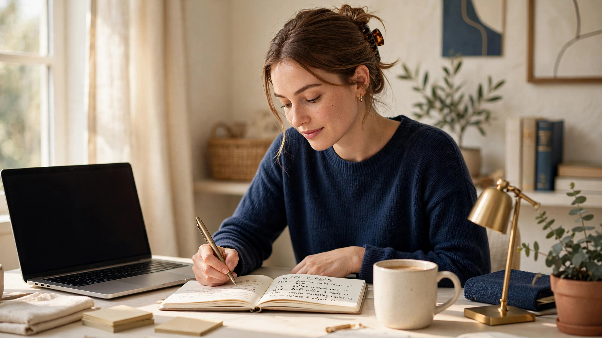 Beginner planning a calm online income path at a home office