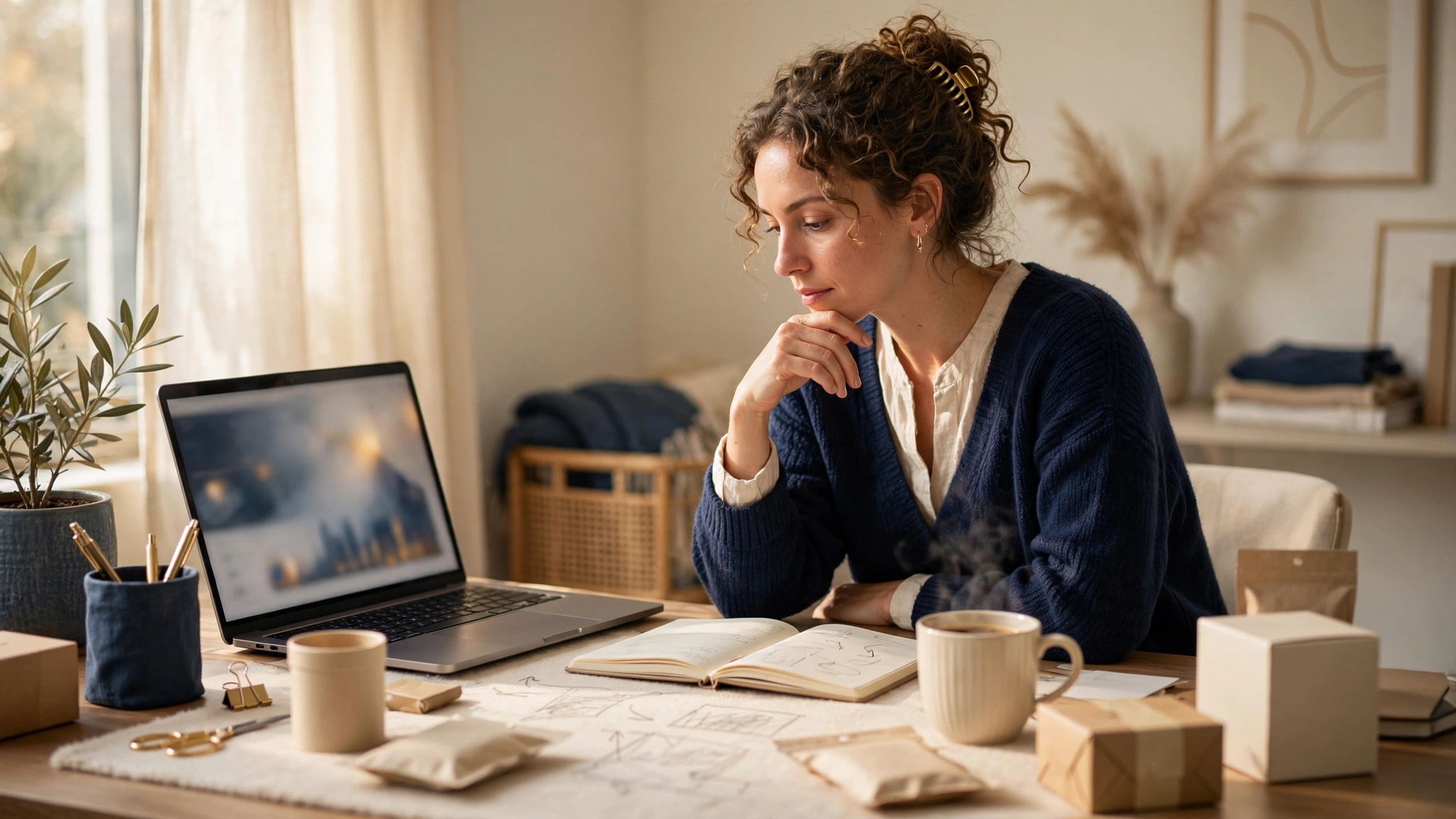 Beginner researching affiliate marketing at a modern home office