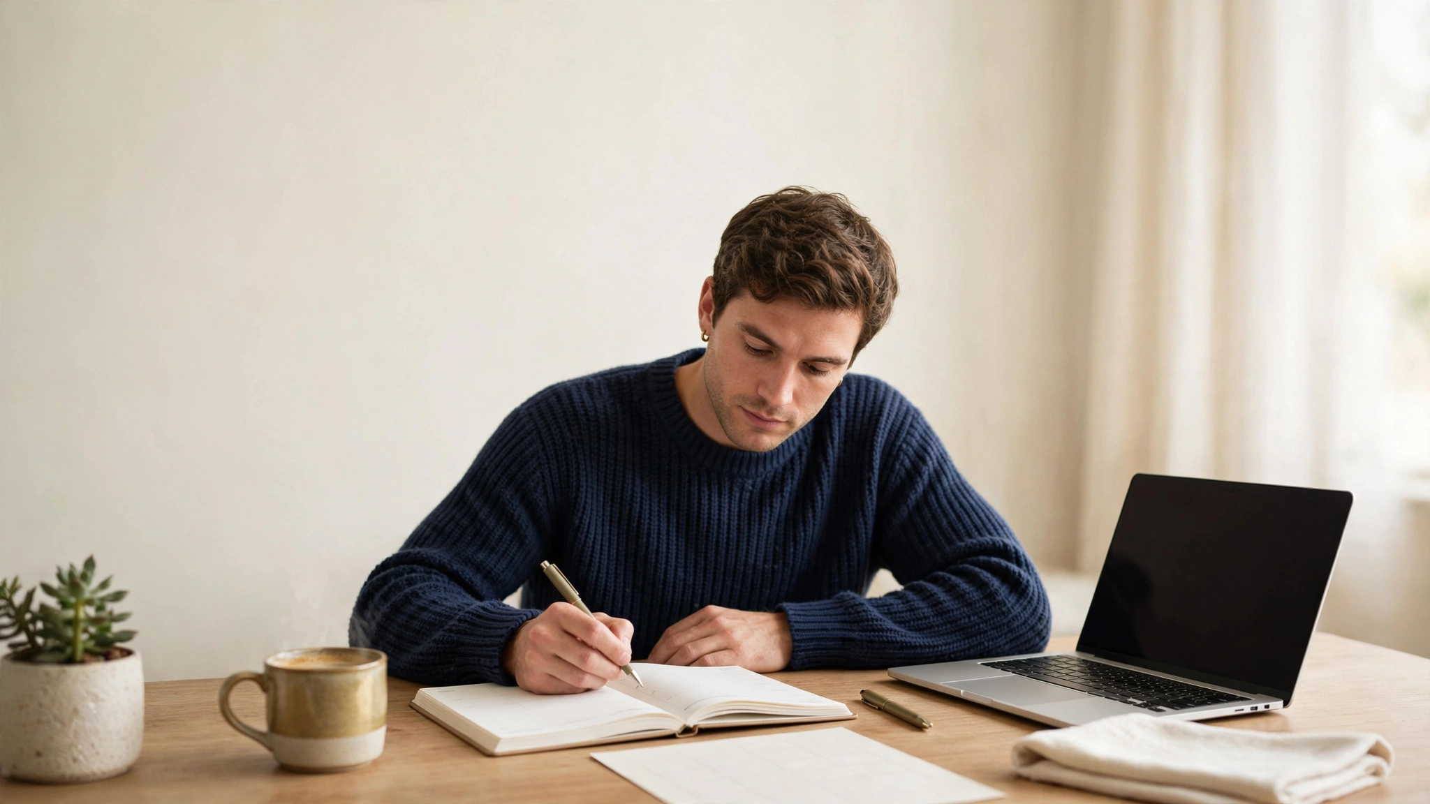 Entrepreneur planning a sustainable online-business week with a paper planner