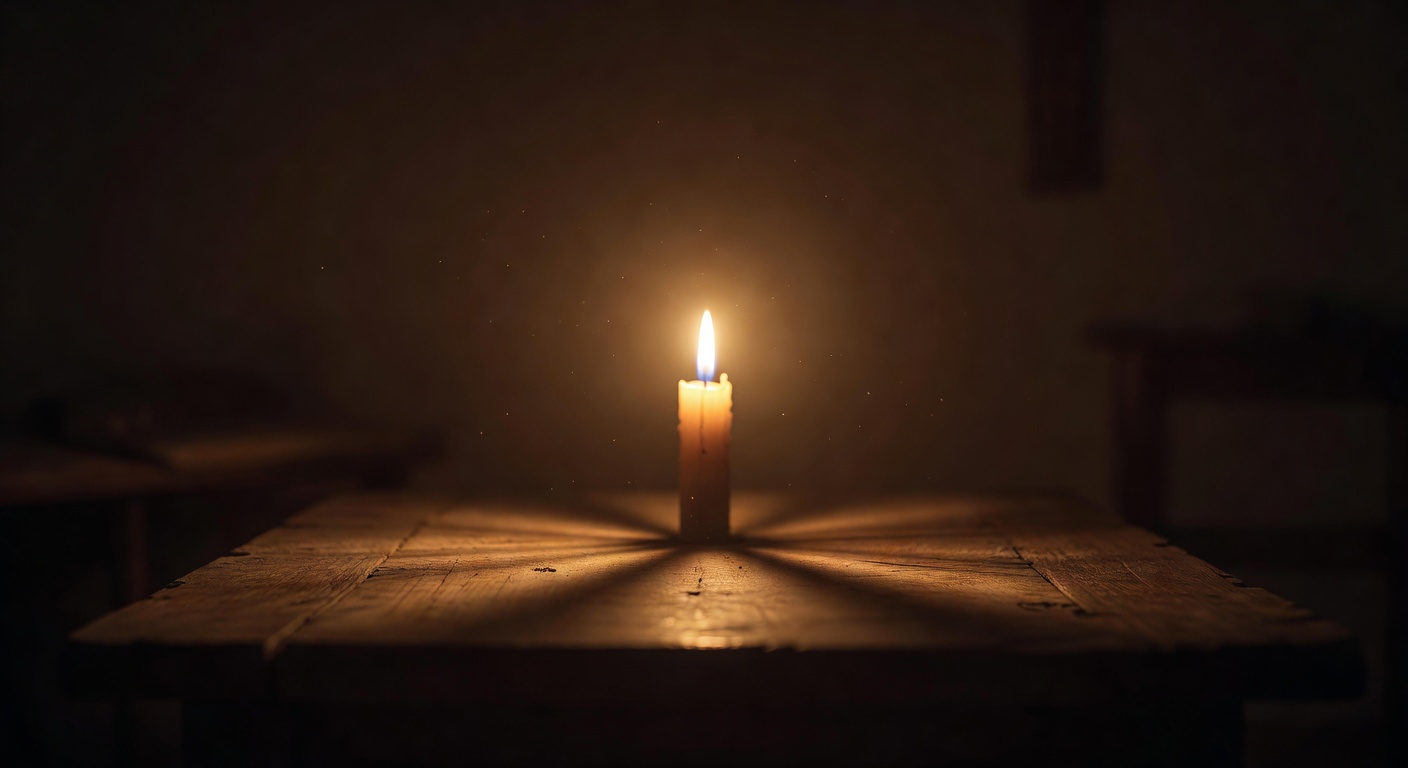 A single candle glowing in a warm dark room