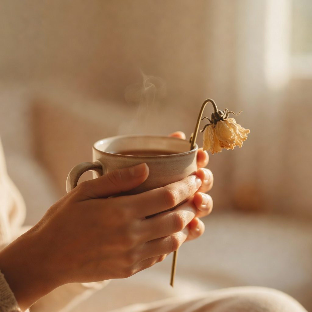 A person holding tea and a wilted flower, representing feeling grateful and tired at the same time
