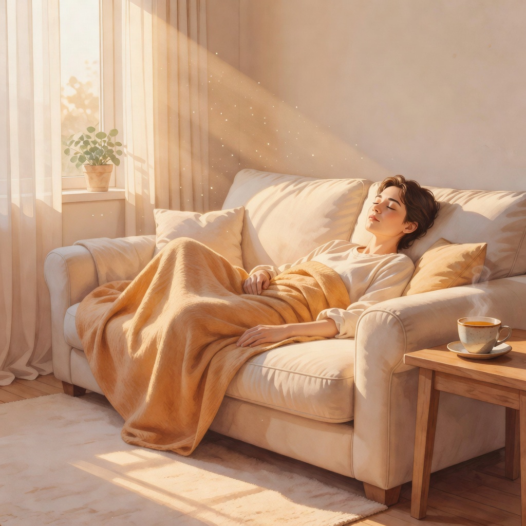 A serene landscape or a quiet indoor scene representing rest and recovery from burnout