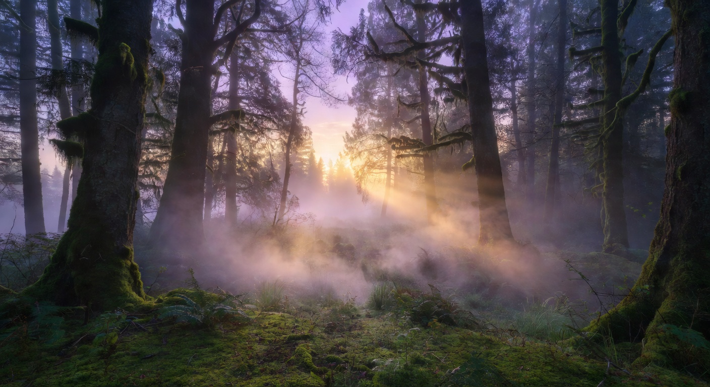 Peaceful ethereal sunrise over a misty forest