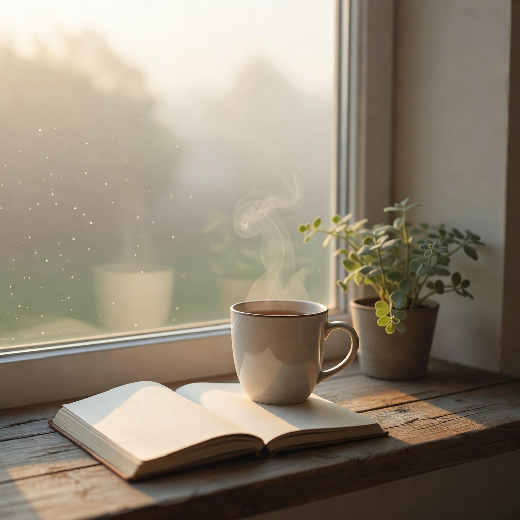 Soft quiet morning scene with tea on a windowsill, warm light and mist, representing a low-energy peaceful morning