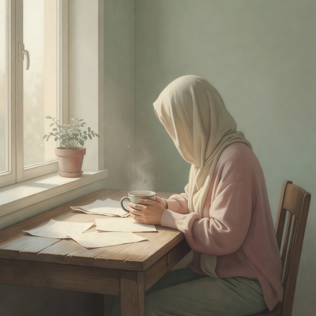 A person sitting quietly at a desk with tea, feeling calm before starting — illustration for overwhelmed quotes