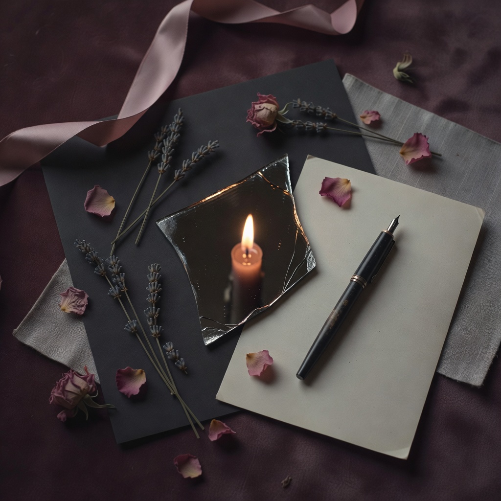 Moody aesthetic flat lay with candle, mirror, and dried flowers representing a mysterious, introspective mood
