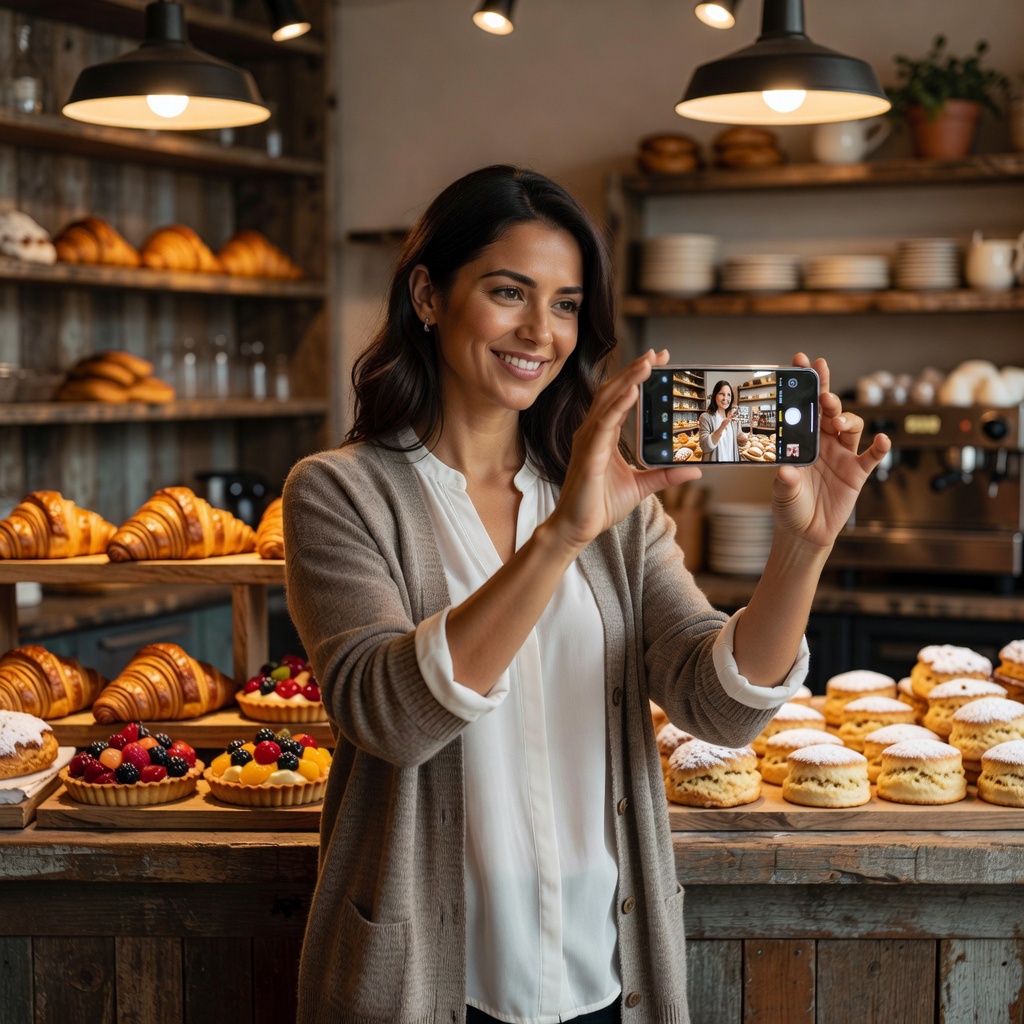 Digital marketing assistant capturing beautiful organic photos in a local cozy bakery