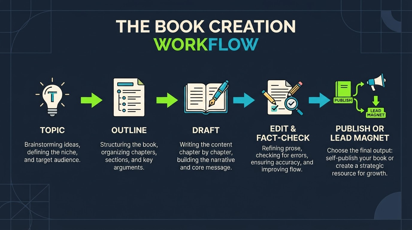 AI Book Machine workflow from topic to outline to draft to edit to publish