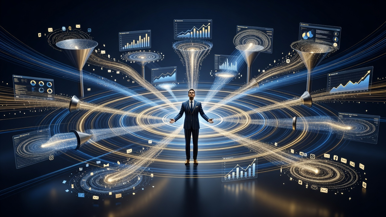 Empirely business automation visualization showing Create Design Build Email Sell Teach Support pipeline