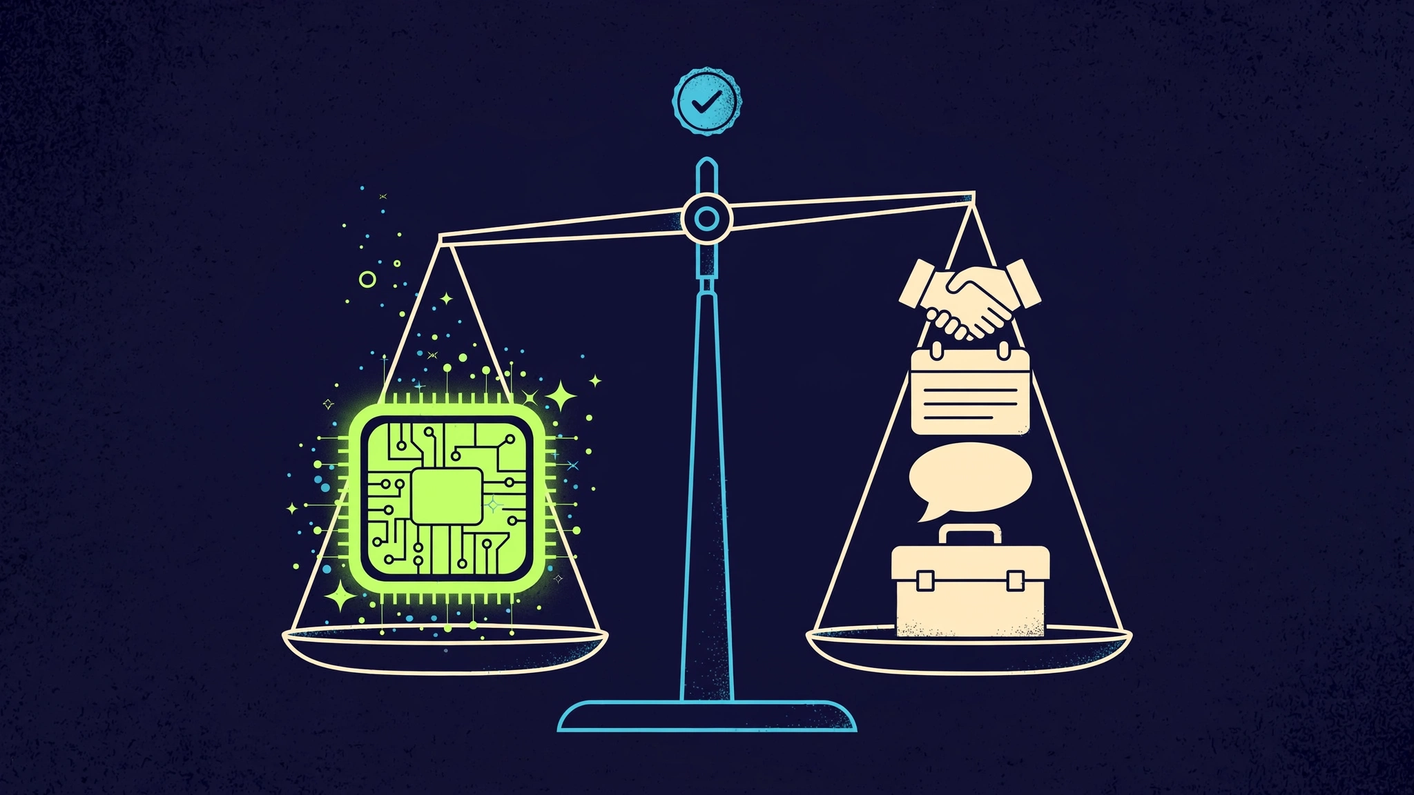 Conceptual illustration of a balanced scale with a glowing lime software chip on one side and ivory icons for a handshake, calendar, speech bubble and toolbox on the other