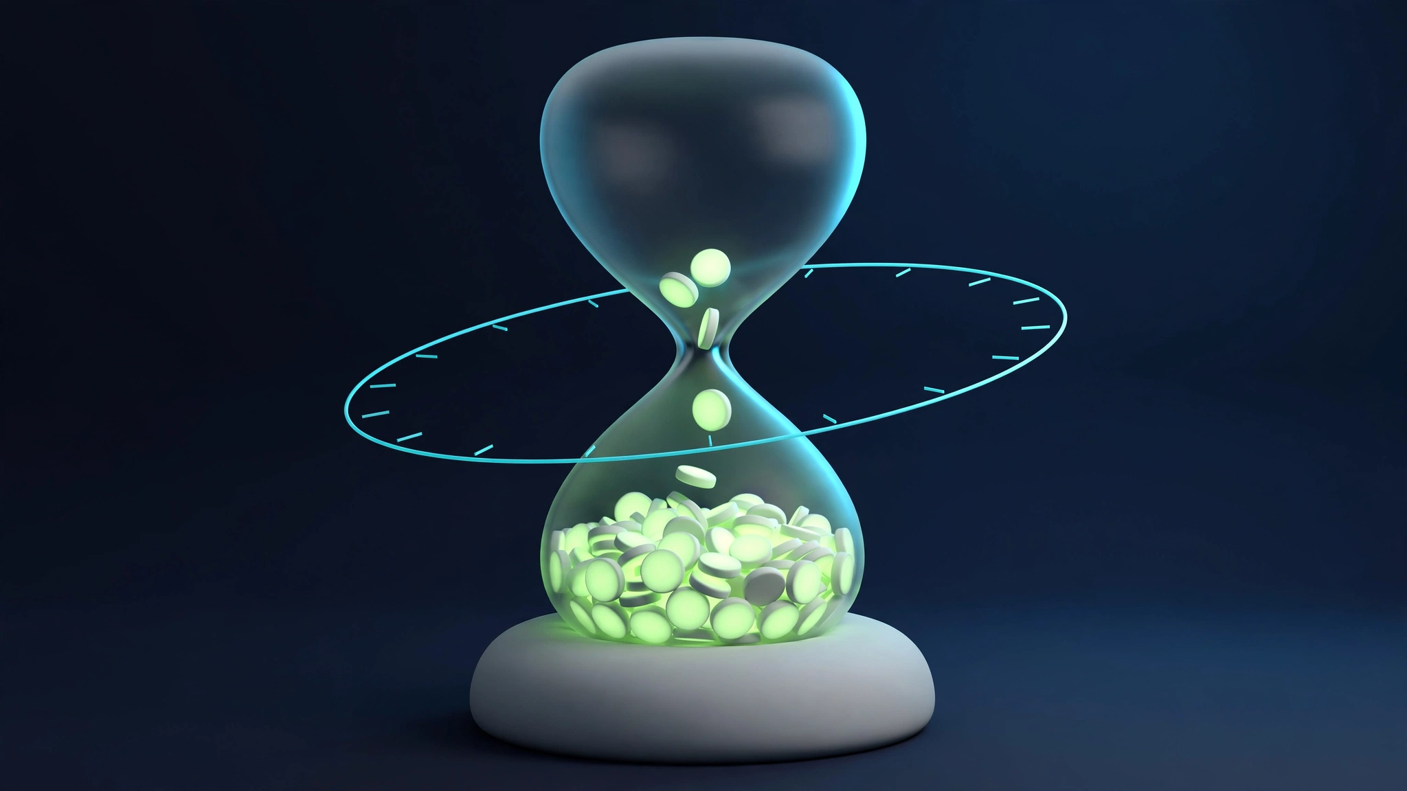 3D render of a glass hourglass filled with glowing lime tokens with a thin cyan ring orbiting it, representing monthly credits