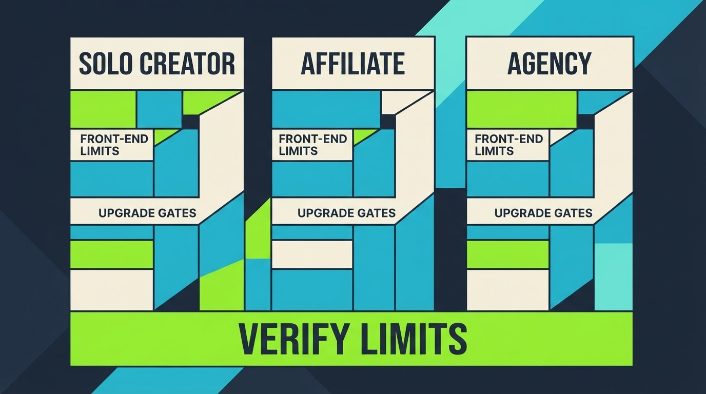 Buyer-fit lanes for solo creators, affiliates, and agencies showing PodShorts front-end limits and upgrade gates
