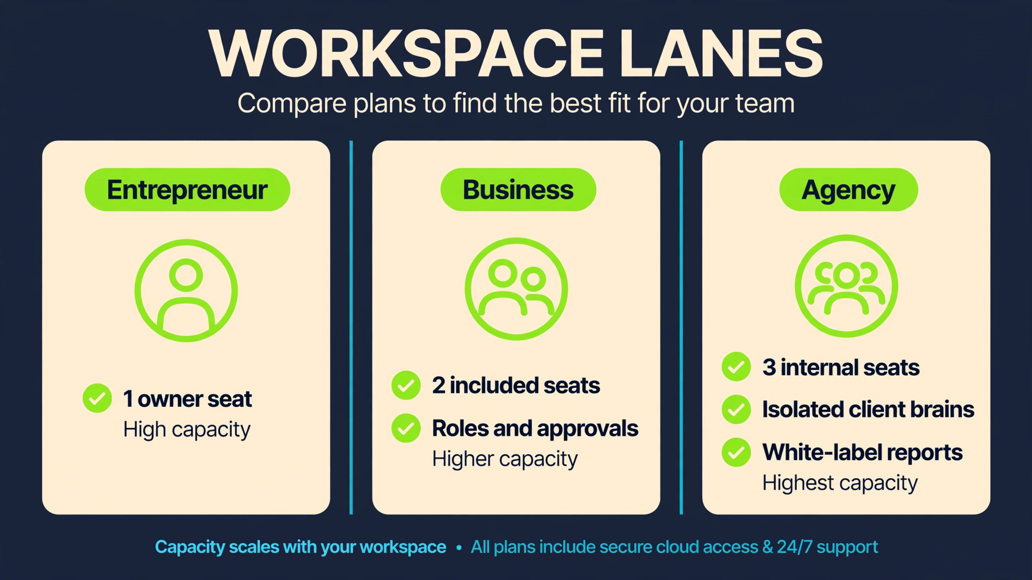 SEnuke AI Entrepreneur, Business, and Agency workspace comparison with seats, capacity, isolated client intelligence, and approval controls