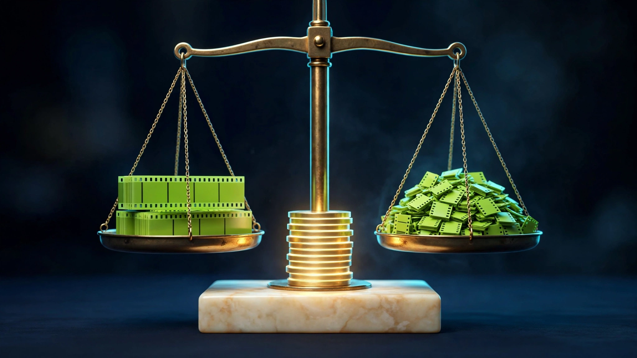 Brass balance scale holding a few long lime film strips on one side and many short film strips on the other around a stack of glowing credit coins