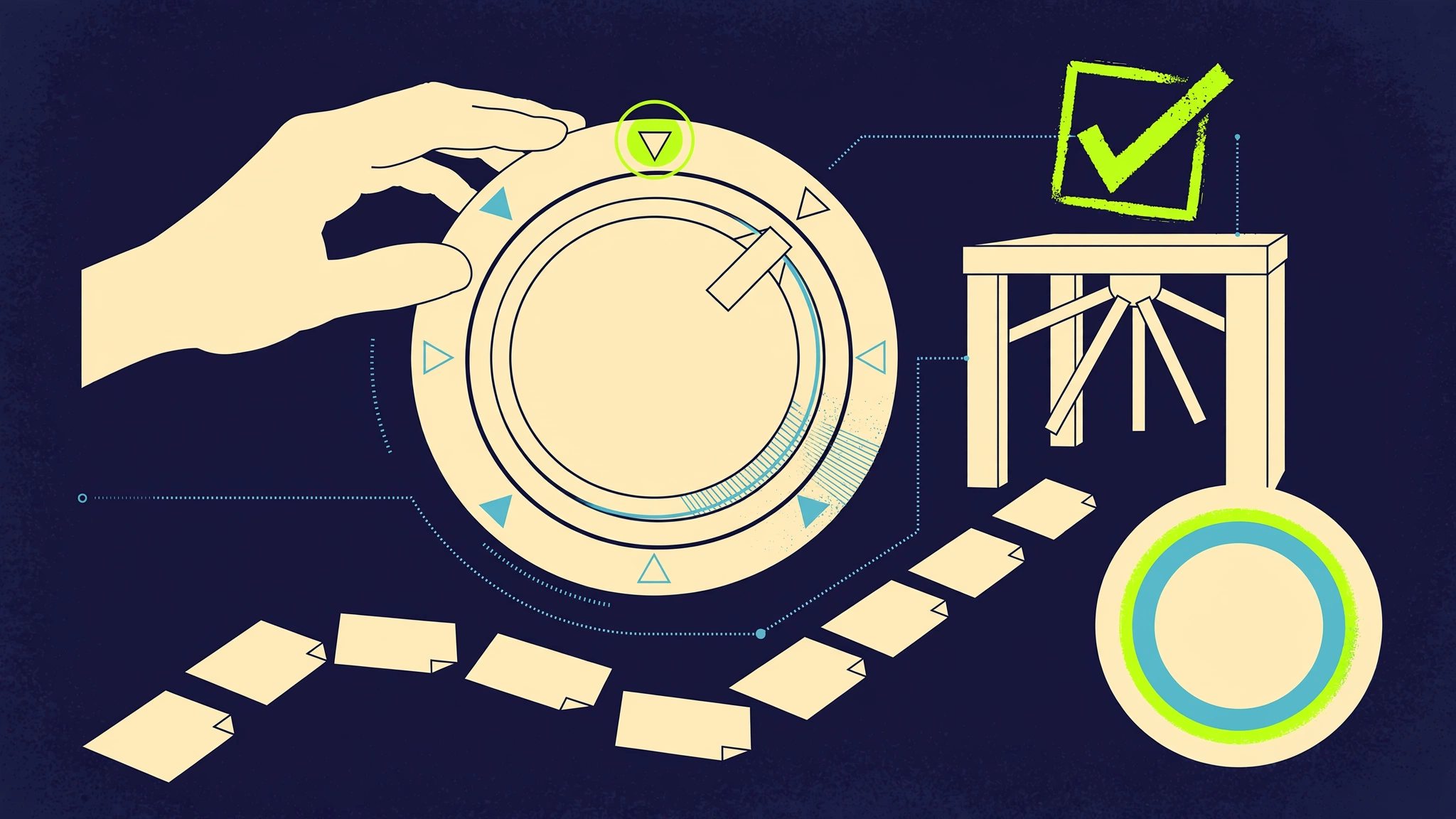 Editorial illustration of a hand turning a three-position selector knob beside an approval turnstile with a lime checkmark and a large round emergency stop button